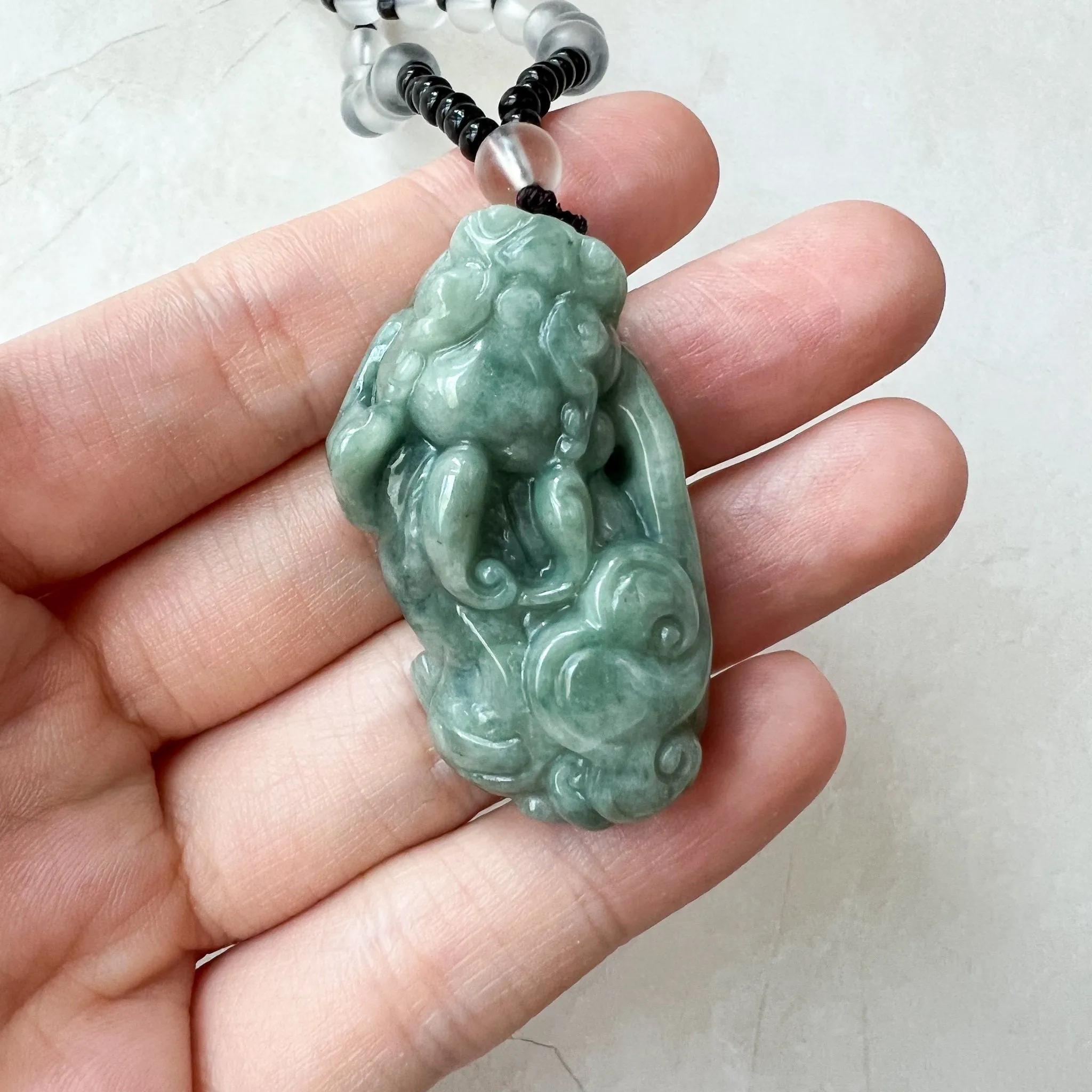 Green Jadeite Jade, Dragon Pixiu Pi Xiu, 貔貅, Left Side Pendant, Dragon Chinese Carved Pendant, YJ-0622-0362012-2