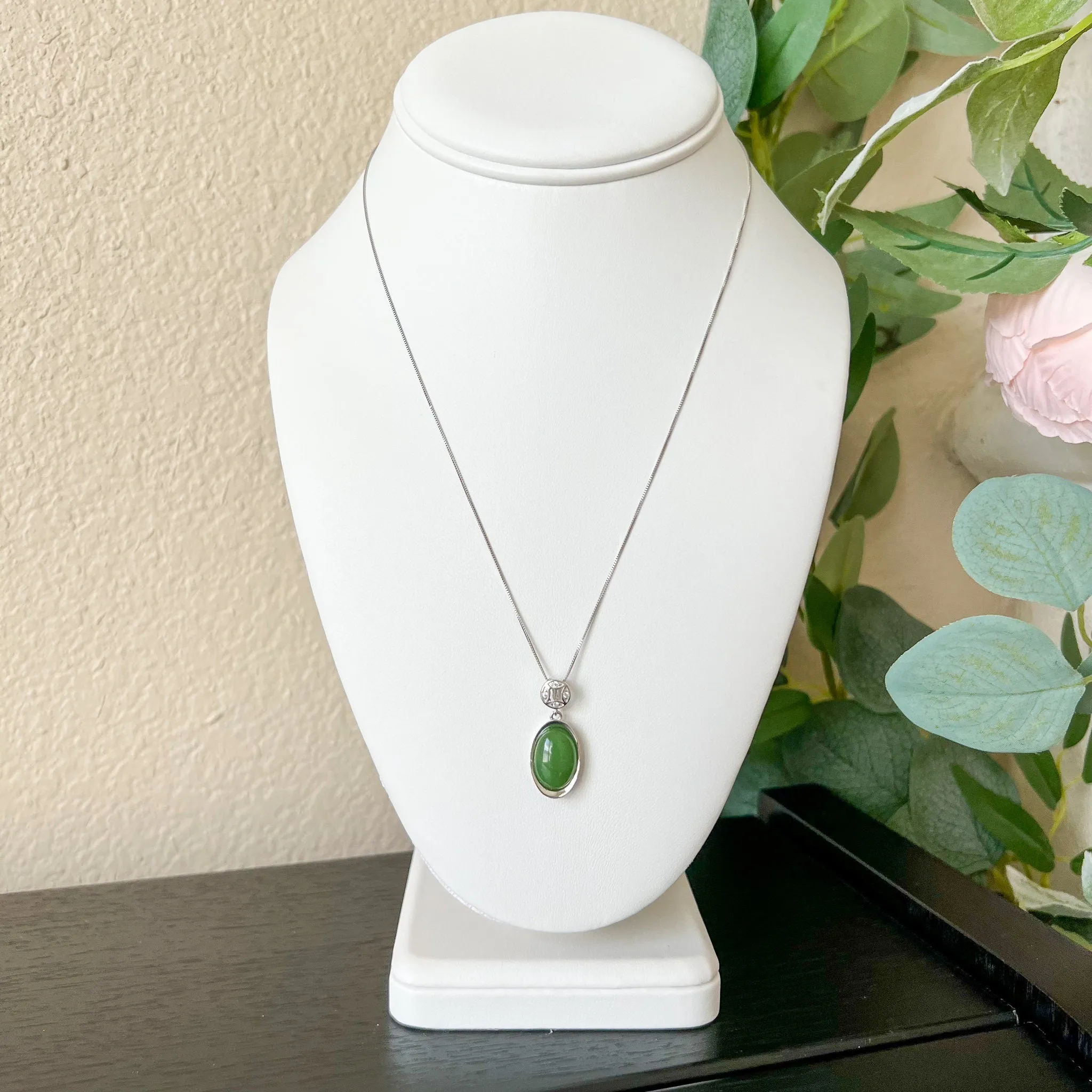 Green Nephrite Jade Cabochon Sterling Silver Pendant Necklace, YS-0422-1668699061