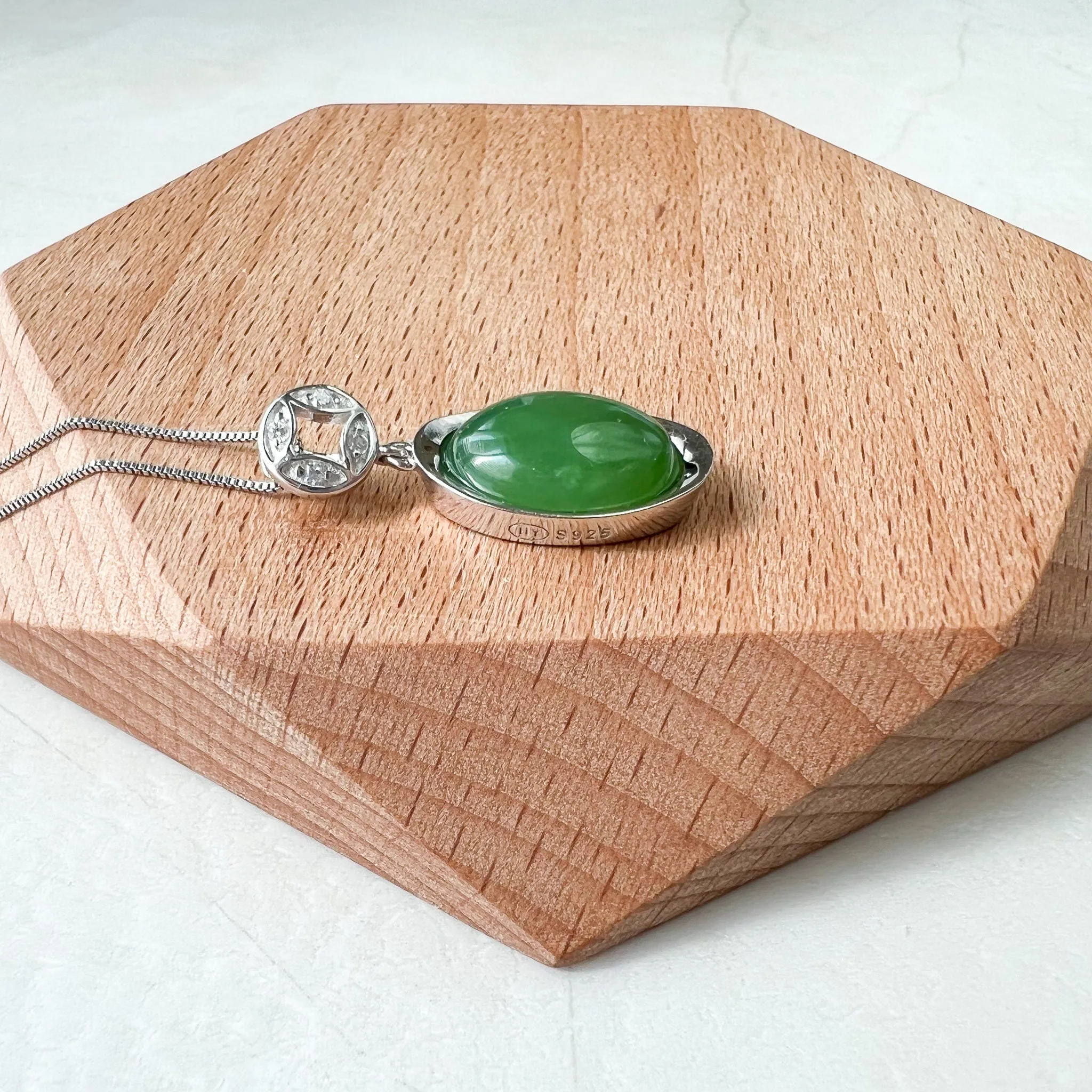 Green Nephrite Jade Cabochon Sterling Silver Pendant Necklace, YS-0422-1668699061