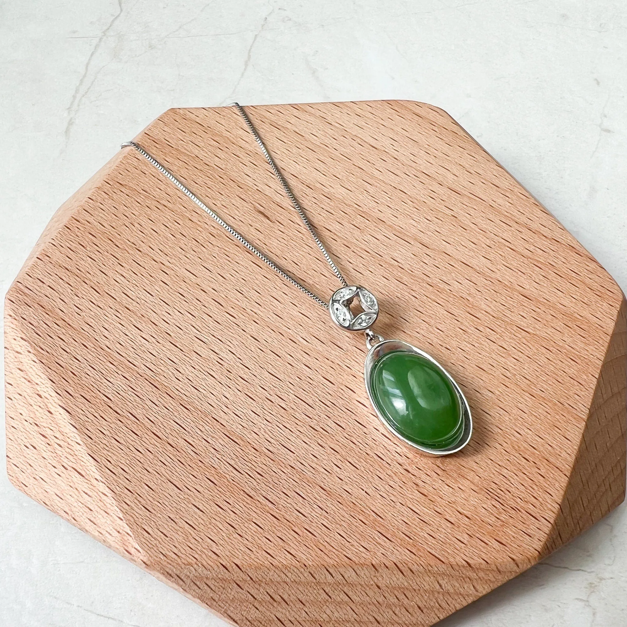 Green Nephrite Jade Cabochon Sterling Silver Pendant Necklace, YS-0422-1668699061