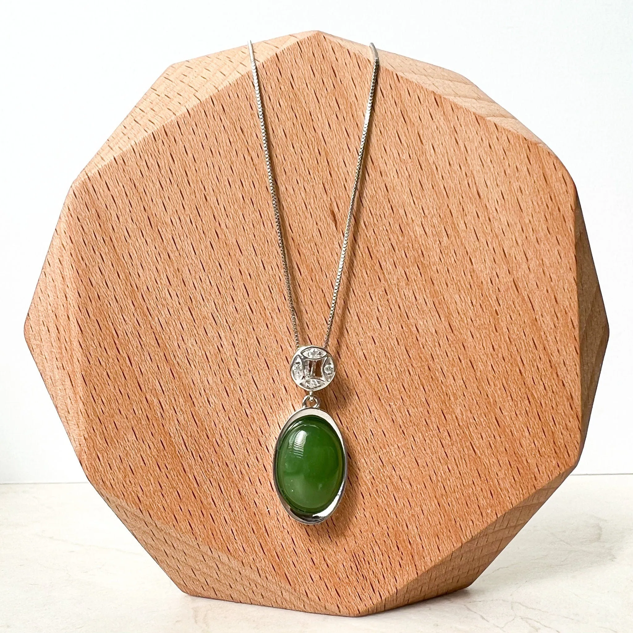 Green Nephrite Jade Cabochon Sterling Silver Pendant Necklace, YS-0422-1668699061