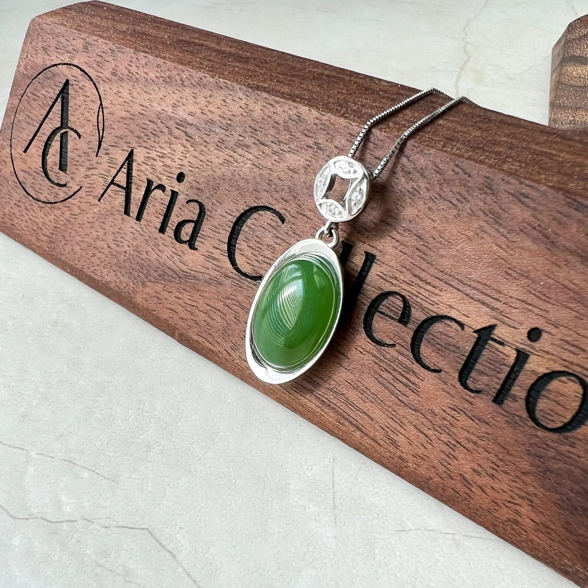 Green Nephrite Jade Cabochon Sterling Silver Pendant Necklace, YS-0422-1668699061