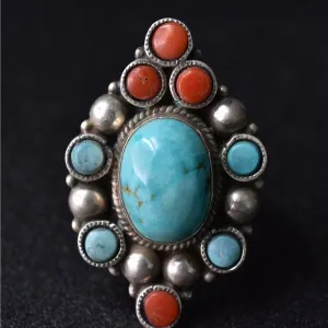 Handmade Vintage Coral and Turquoise Tibetan Silver Ring