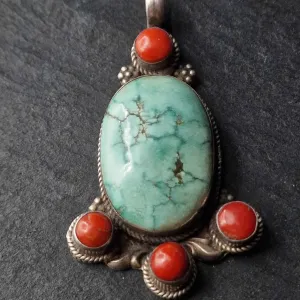 Handmade Vintage Turquoise and Coral Silver Sterling 925 Pendant