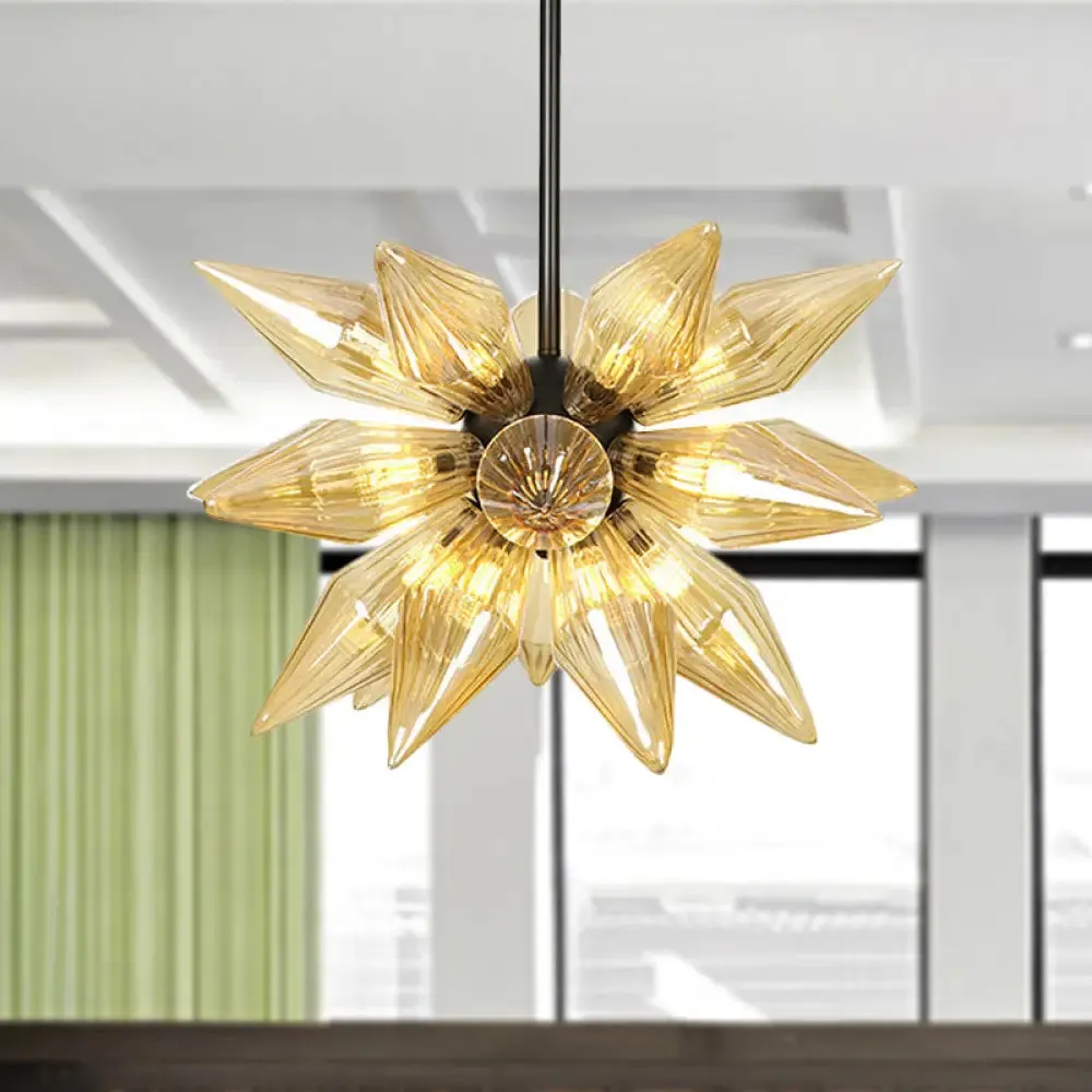Industrial Amber/Clear Ribbed Glass Pendant Lighting with Starburst Design - 9/12/15 Heads Bedroom Chandelier Lamp