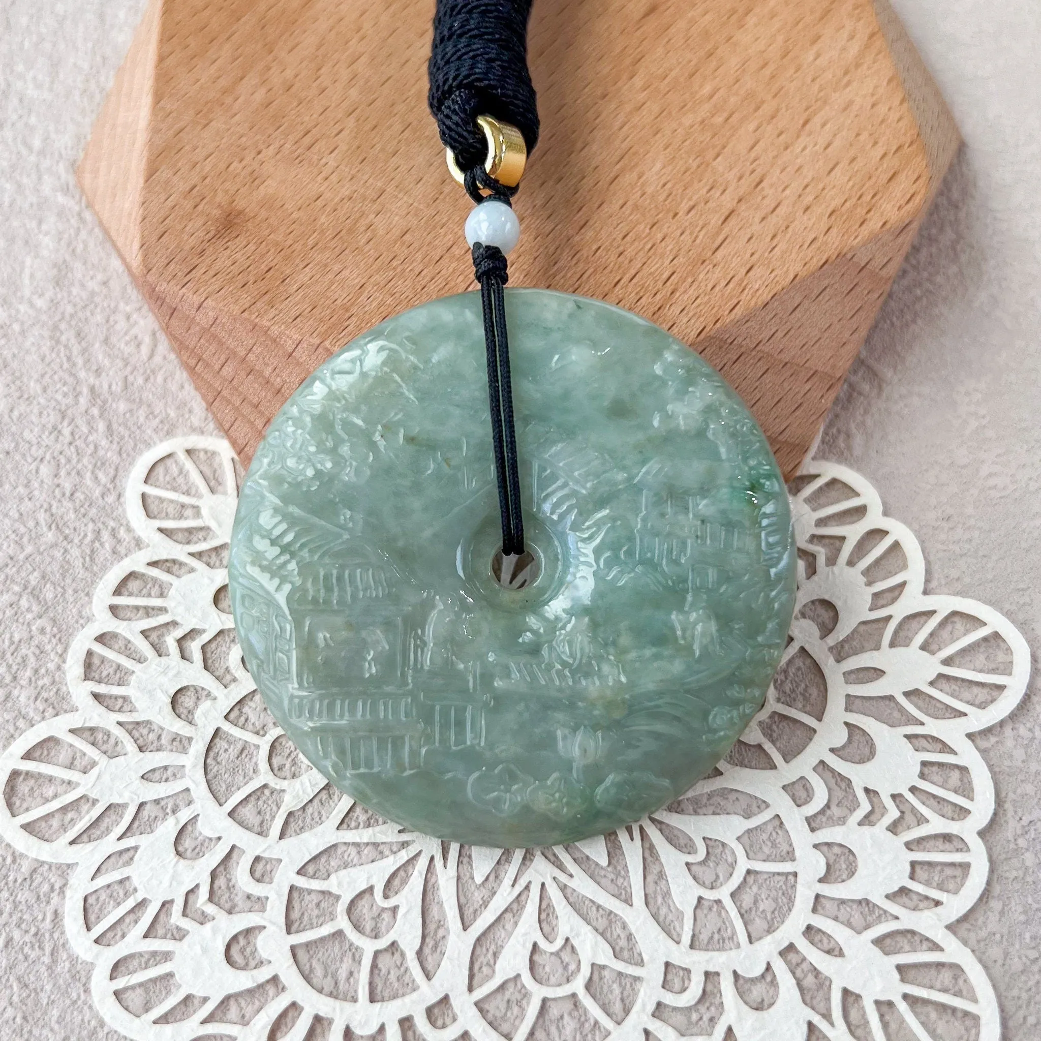 Jadeite Jade Landscape Mountain Forest River Scenery, Green Jade Hand Carved Pendant Necklace, YJ-0422-0330271
