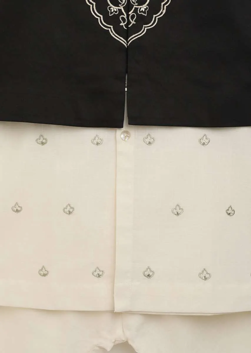Kalki Boys White Kurta Set With Embroidered Buttis And Black Nehru Jacket With Ornate Embroidered Motif By Tiber Taber