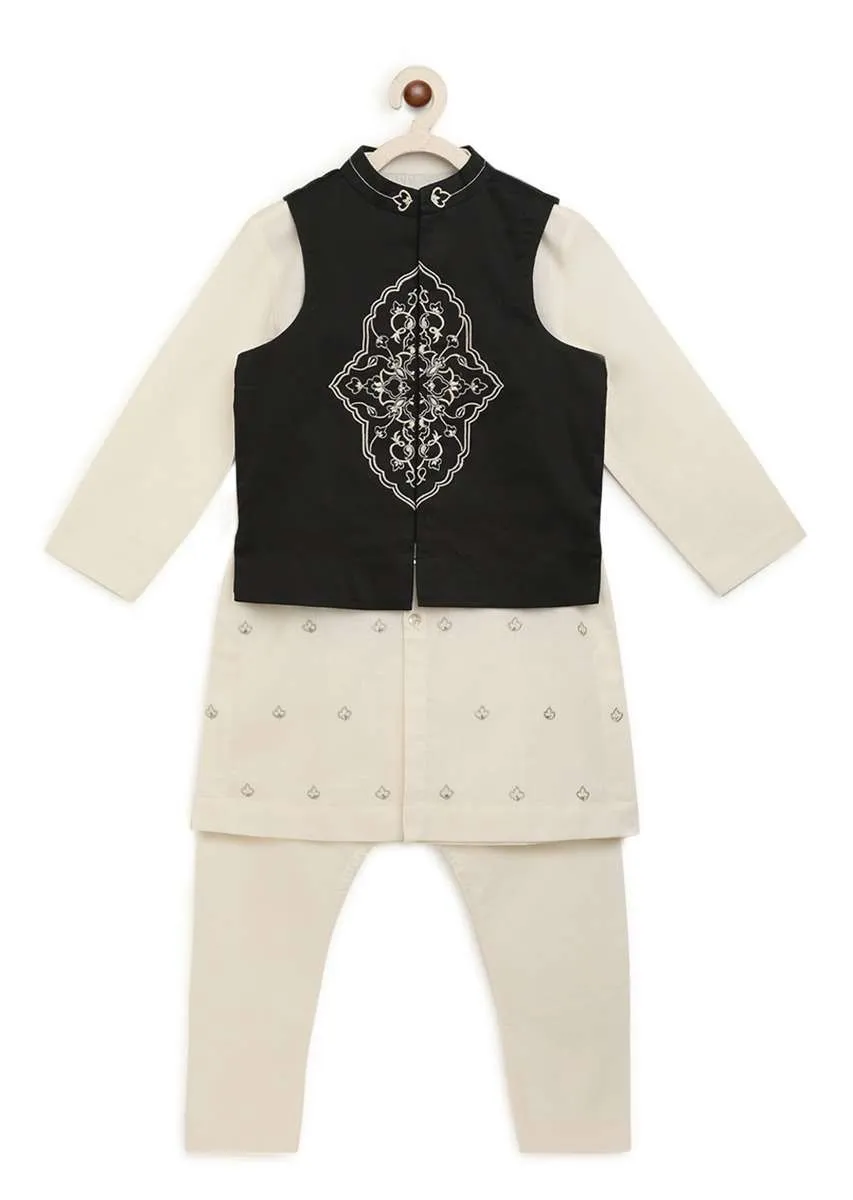 Kalki Boys White Kurta Set With Embroidered Buttis And Black Nehru Jacket With Ornate Embroidered Motif By Tiber Taber