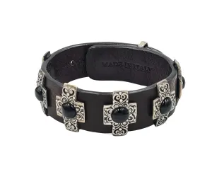 LEATHER BRACELET SILVER AND ONYX