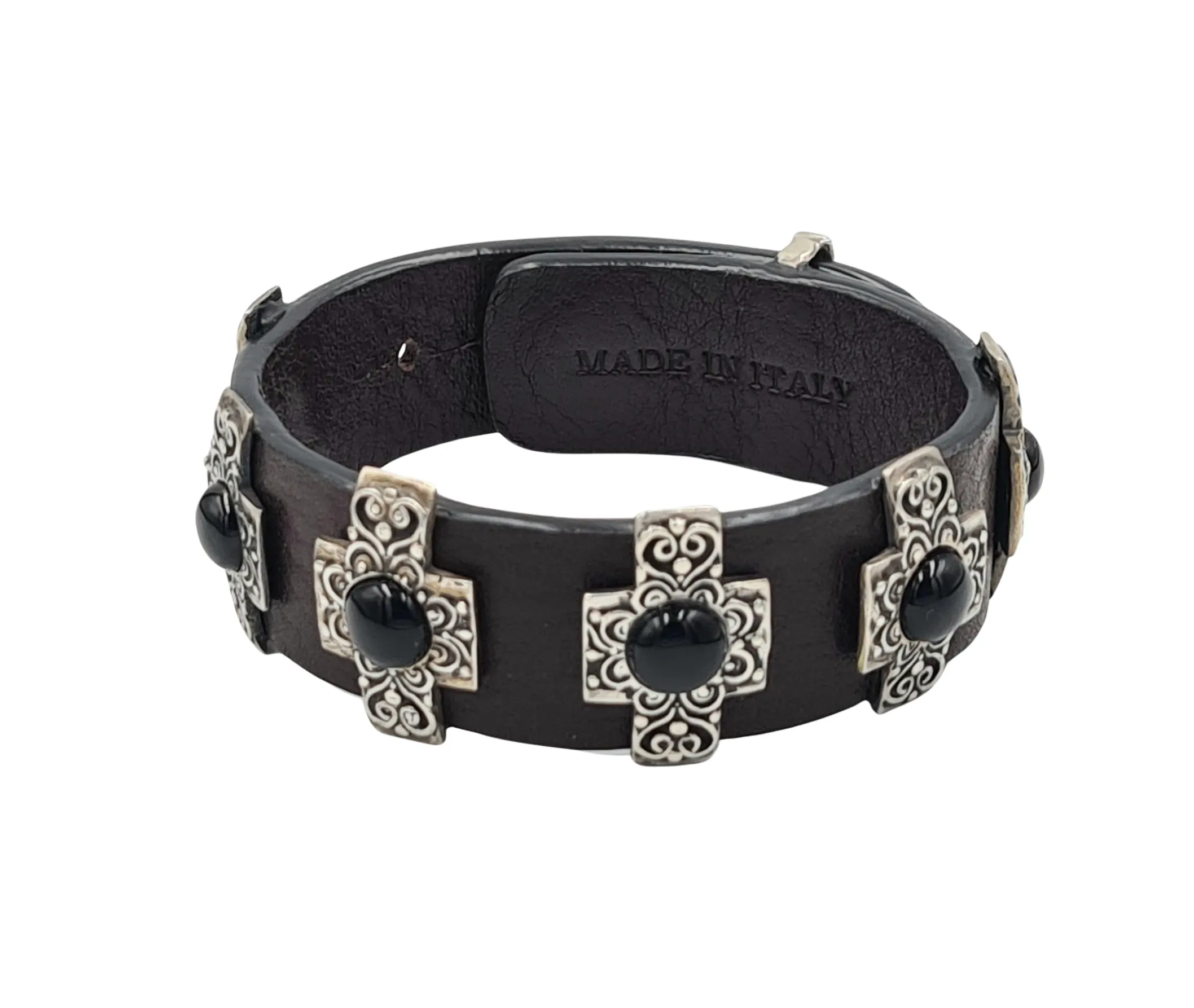 LEATHER BRACELET SILVER AND ONYX