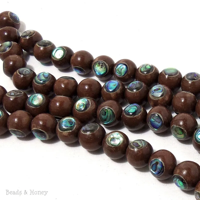 Magkuno Wood with Abalone Shell Inlay Round 12mm (8 Inch Strand)
