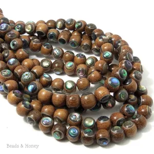 Magkuno Wood with Abalone Shell Inlay Round 8mm (8 Inch Strand)