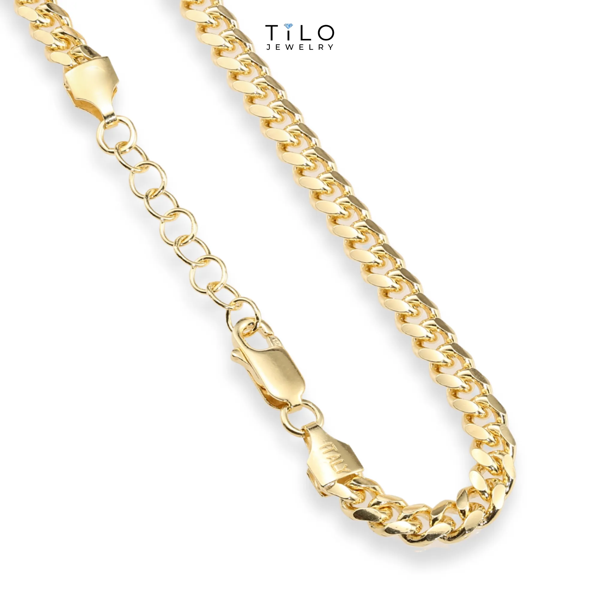 Miami Cuban Bracelet Dipped in 14k Yellow Gold, Solid Bracelet Available in 8 Inches or Adjustable Length 7 - 8 inches, Made In Italy in Sterling Silver
