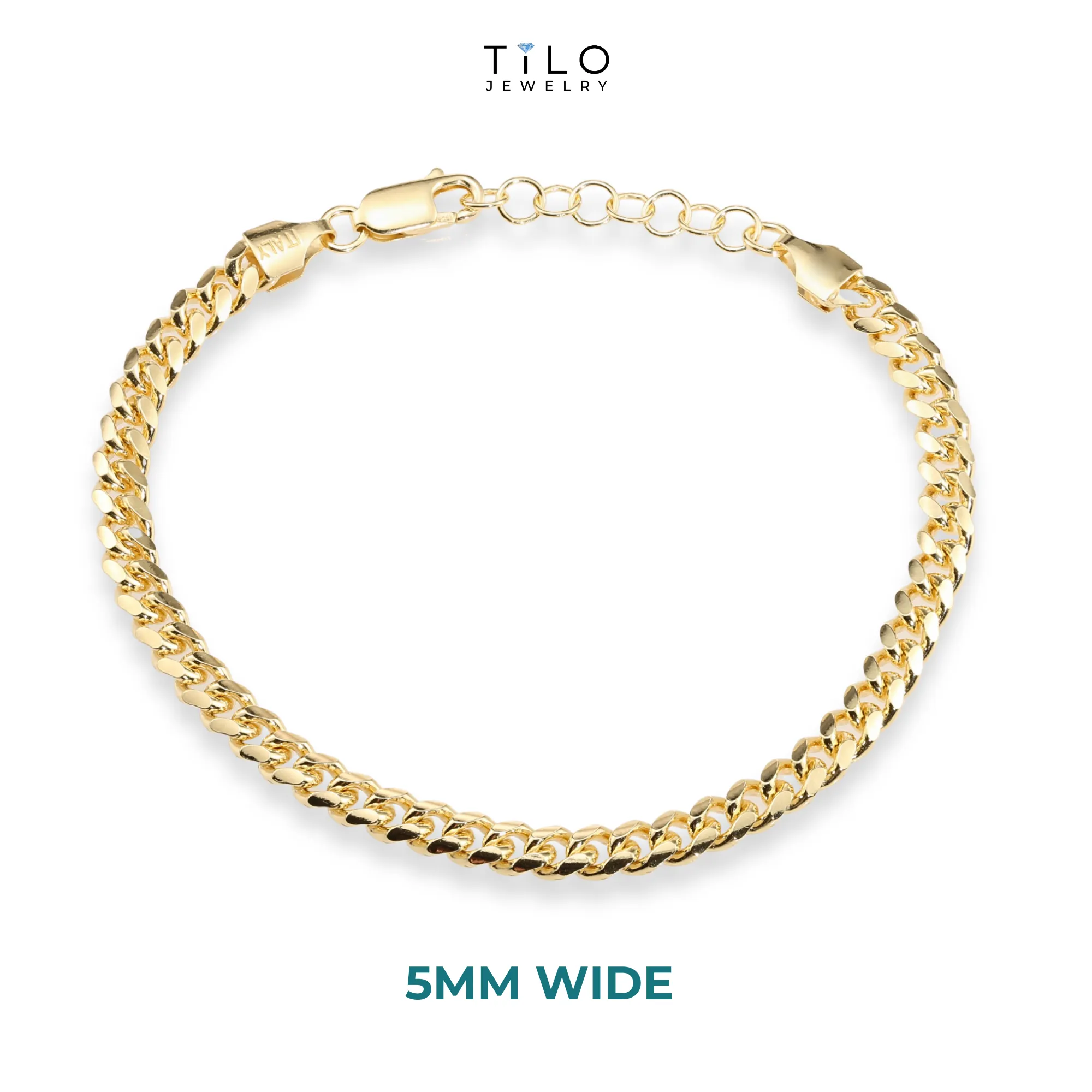 Miami Cuban Bracelet Dipped in 14k Yellow Gold, Solid Bracelet Available in 8 Inches or Adjustable Length 7 - 8 inches, Made In Italy in Sterling Silver