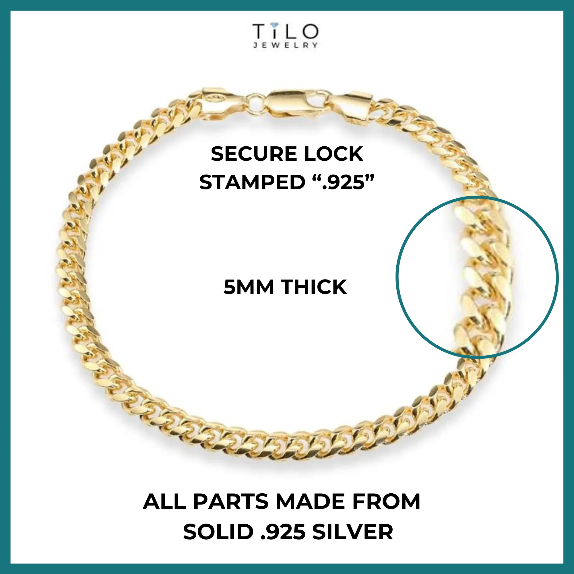 Miami Cuban Bracelet Dipped in 14k Yellow Gold, Solid Bracelet Available in 8 Inches or Adjustable Length 7 - 8 inches, Made In Italy in Sterling Silver