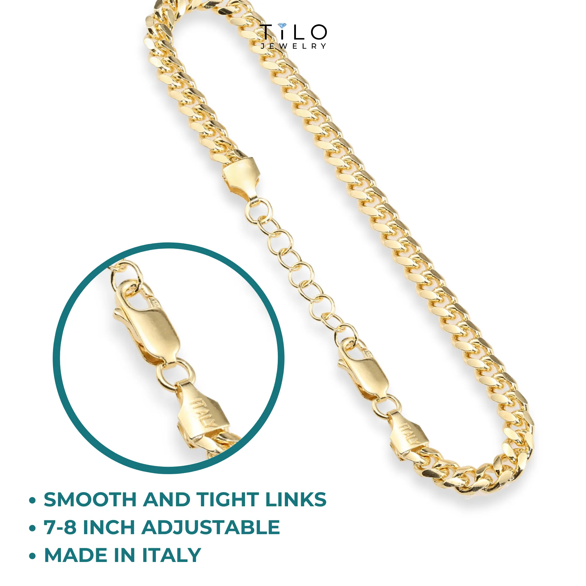 Miami Cuban Bracelet Dipped in 14k Yellow Gold, Solid Bracelet Available in 8 Inches or Adjustable Length 7 - 8 inches, Made In Italy in Sterling Silver