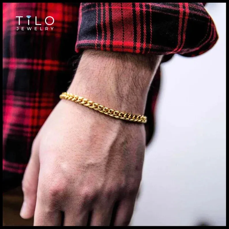 Miami Cuban Bracelet Dipped in 14k Yellow Gold, Solid Bracelet Available in 8 Inches or Adjustable Length 7 - 8 inches, Made In Italy in Sterling Silver