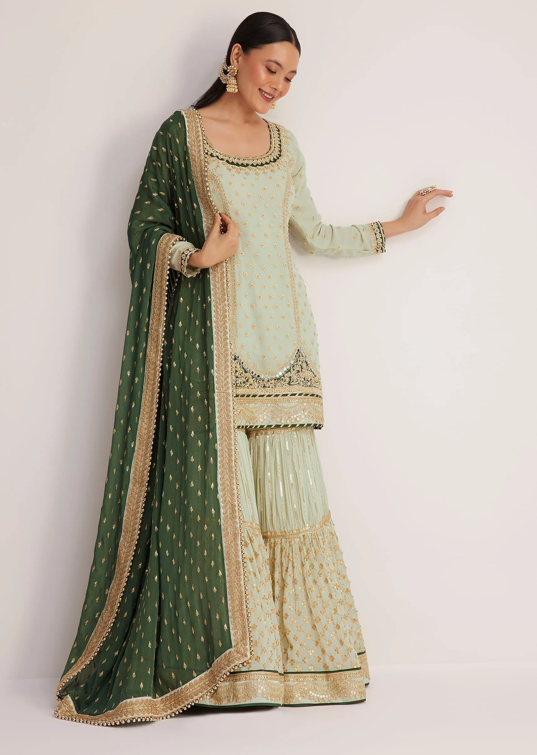 Mint Green Embroidered Sharara Set With Dark Green Dupatta