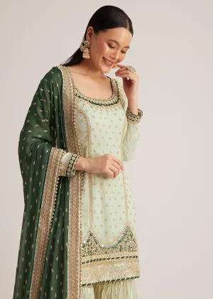 Mint Green Embroidered Sharara Set With Dark Green Dupatta