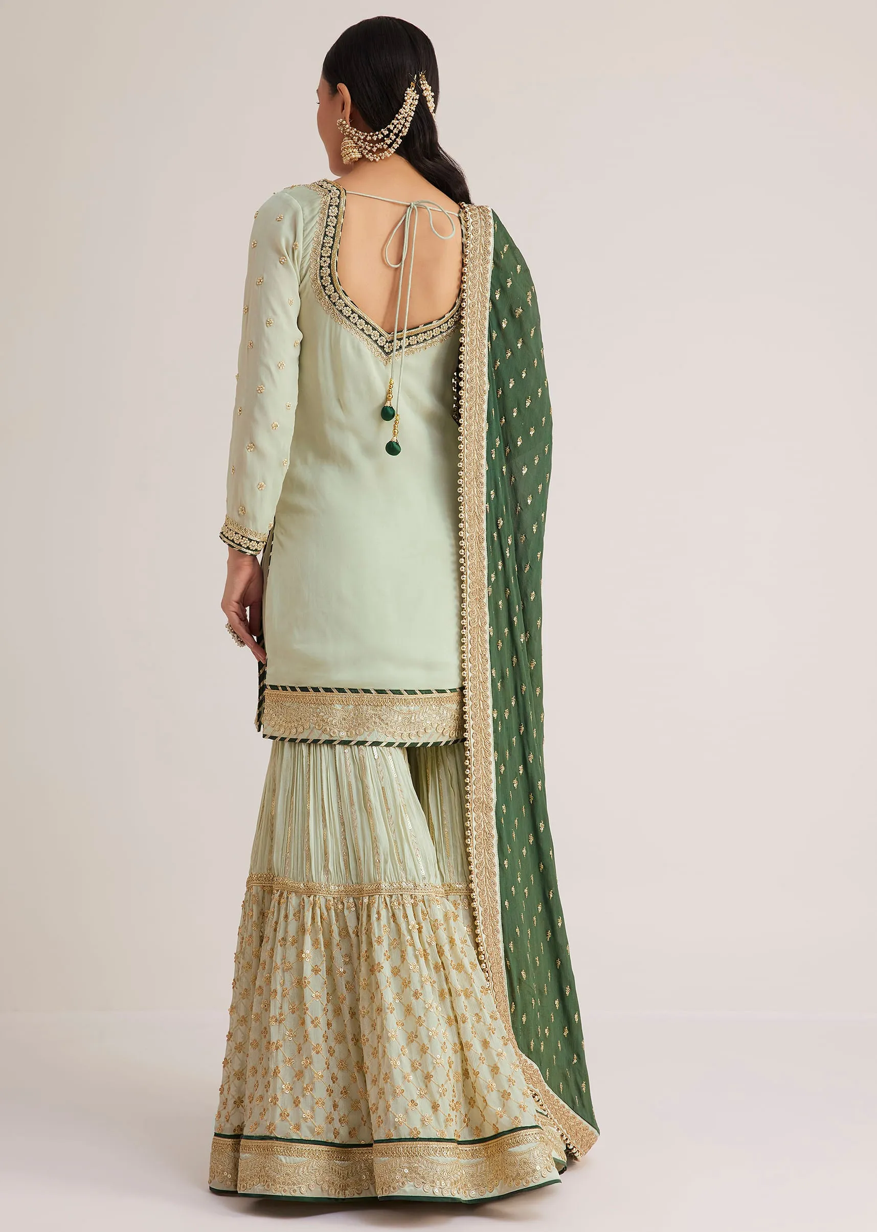Mint Green Embroidered Sharara Set With Dark Green Dupatta