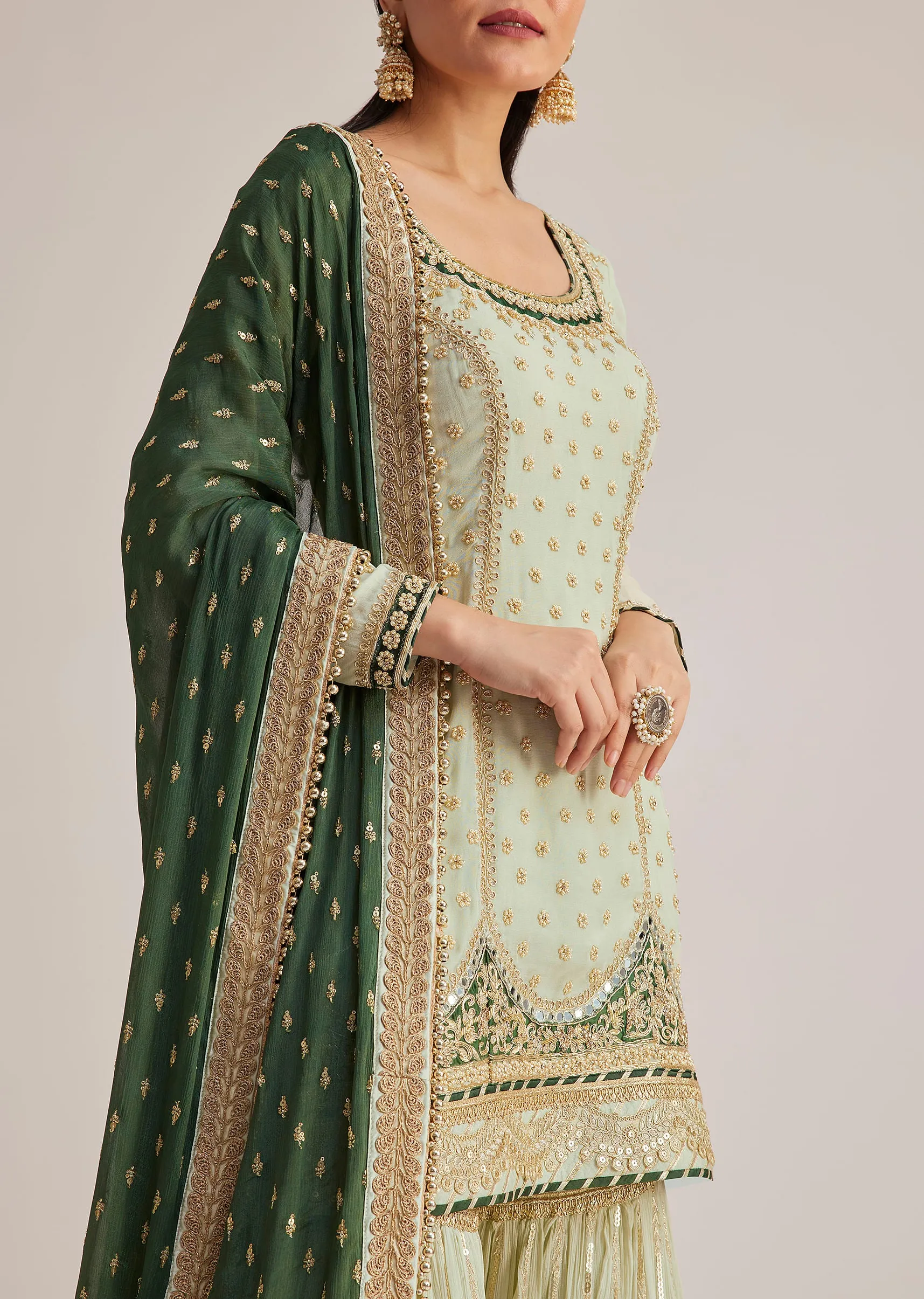 Mint Green Embroidered Sharara Set With Dark Green Dupatta