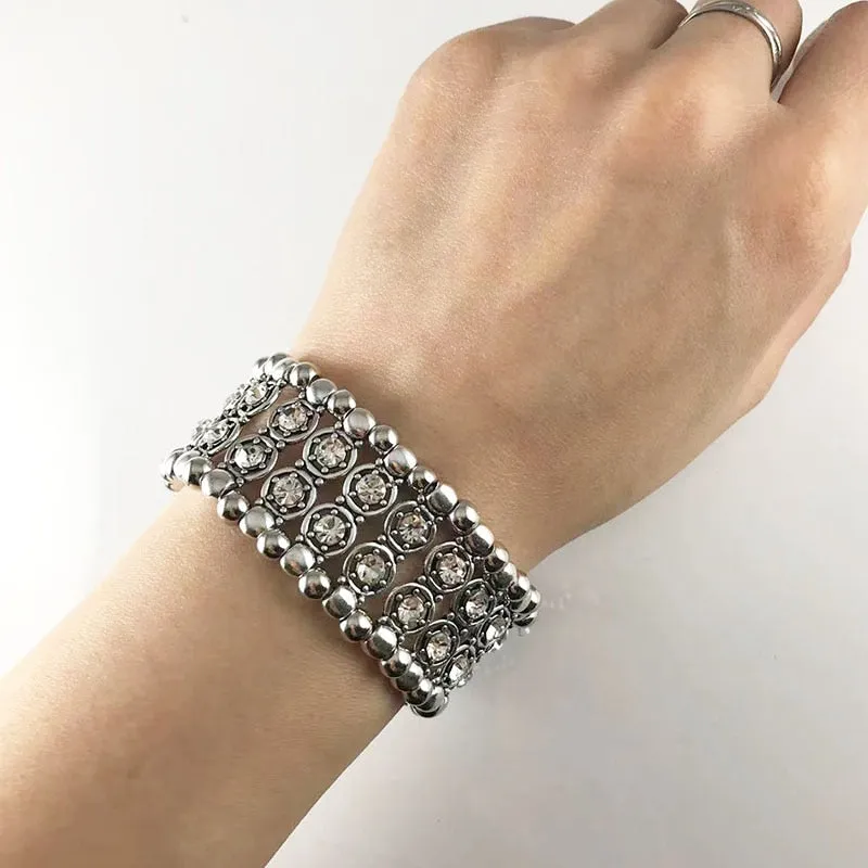 New Fashion Women Elastic Inlaid Rhinestone Alloy Antique Bracelet