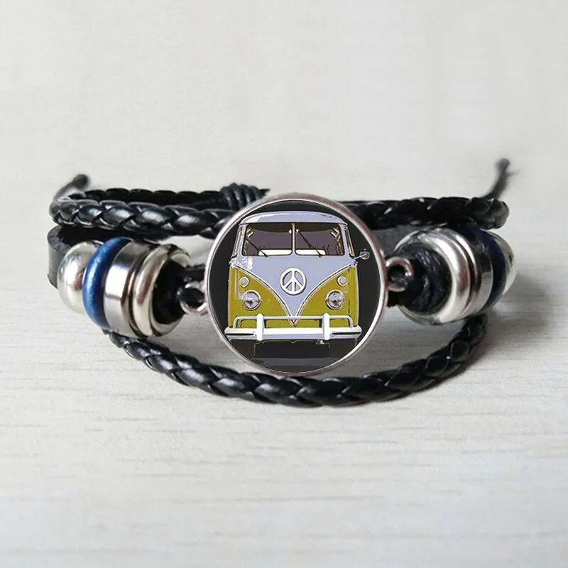 New retro hippie peace sign fan bus Leather bracelet