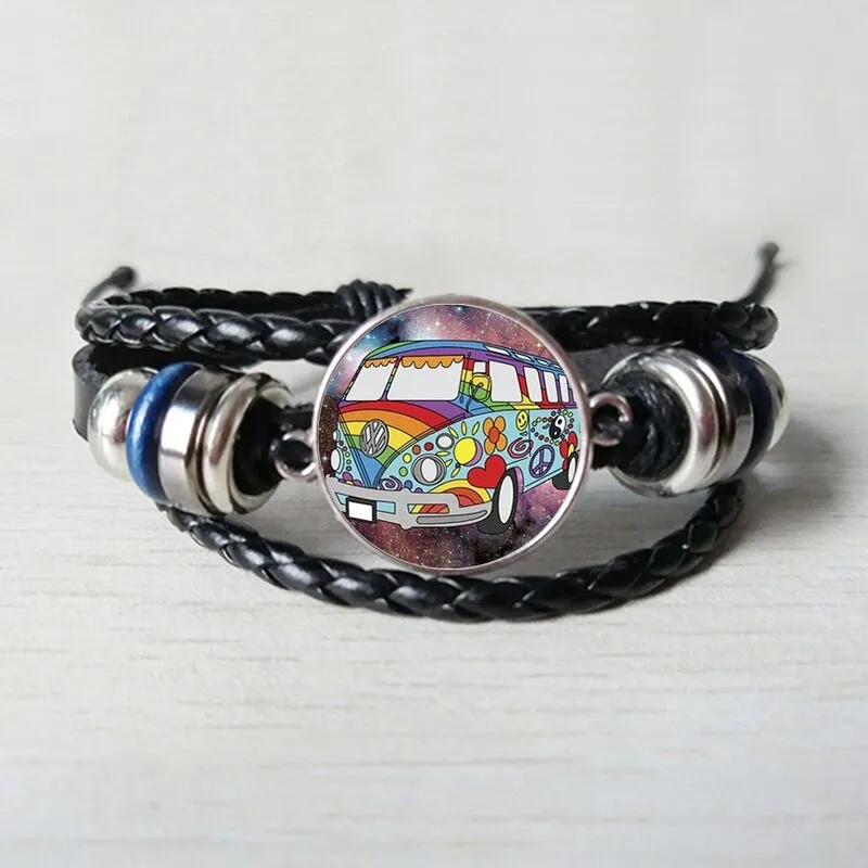 New retro hippie peace sign fan bus Leather bracelet