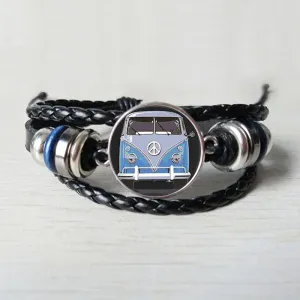 New retro hippie peace sign fan bus Leather bracelet