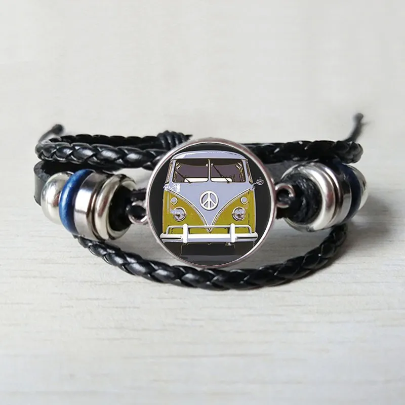New retro hippie peace sign fan bus Leather bracelet