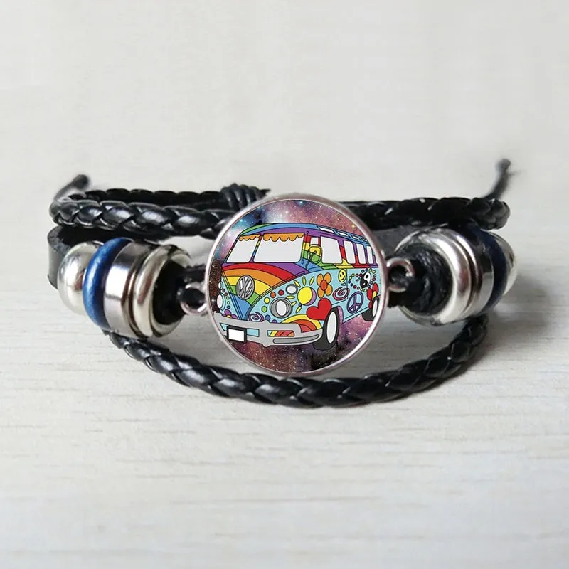 New retro hippie peace sign fan bus Leather bracelet