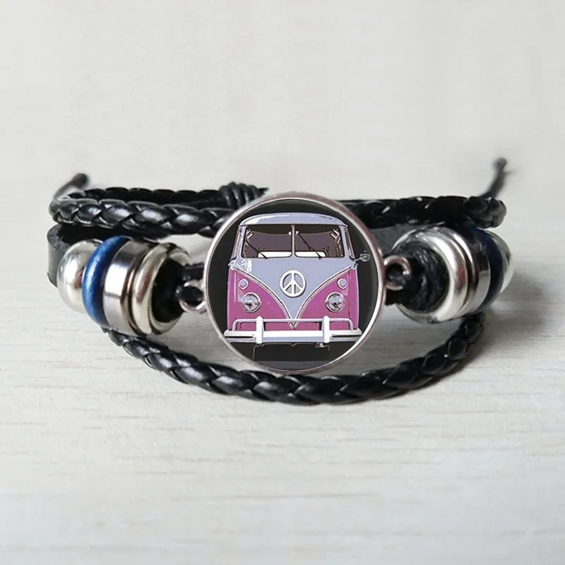 New retro hippie peace sign fan bus Leather bracelet