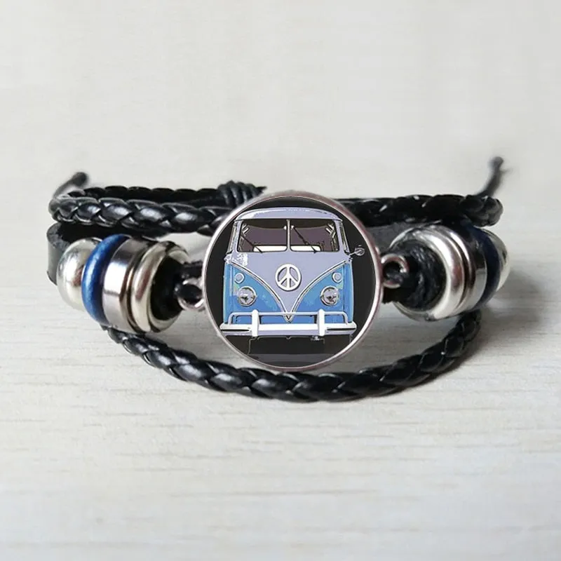 New retro hippie peace sign fan bus Leather bracelet