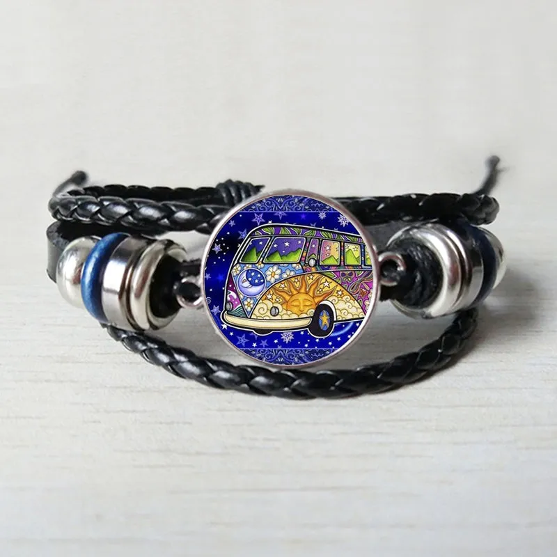 New retro hippie peace sign fan bus Leather bracelet