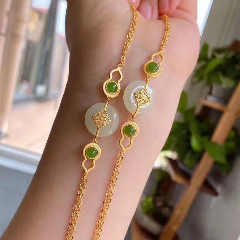 New silver inlaid natural Hetian chalcedony gourd adjustable bracelet