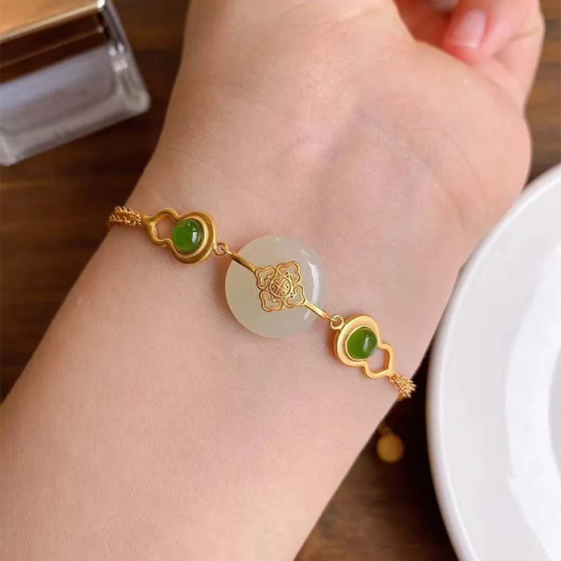 New silver inlaid natural Hetian chalcedony gourd adjustable bracelet