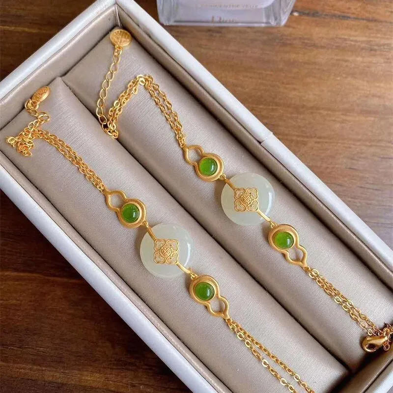New silver inlaid natural Hetian chalcedony gourd adjustable bracelet