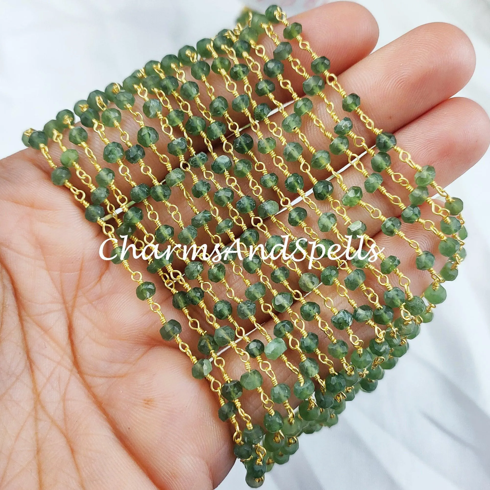 Peridot Rondelle Rosary Chain, Rondelle Gemstone Beads, Green Beaded Chain, Gold Plated Chain, DIY Necklace Chain