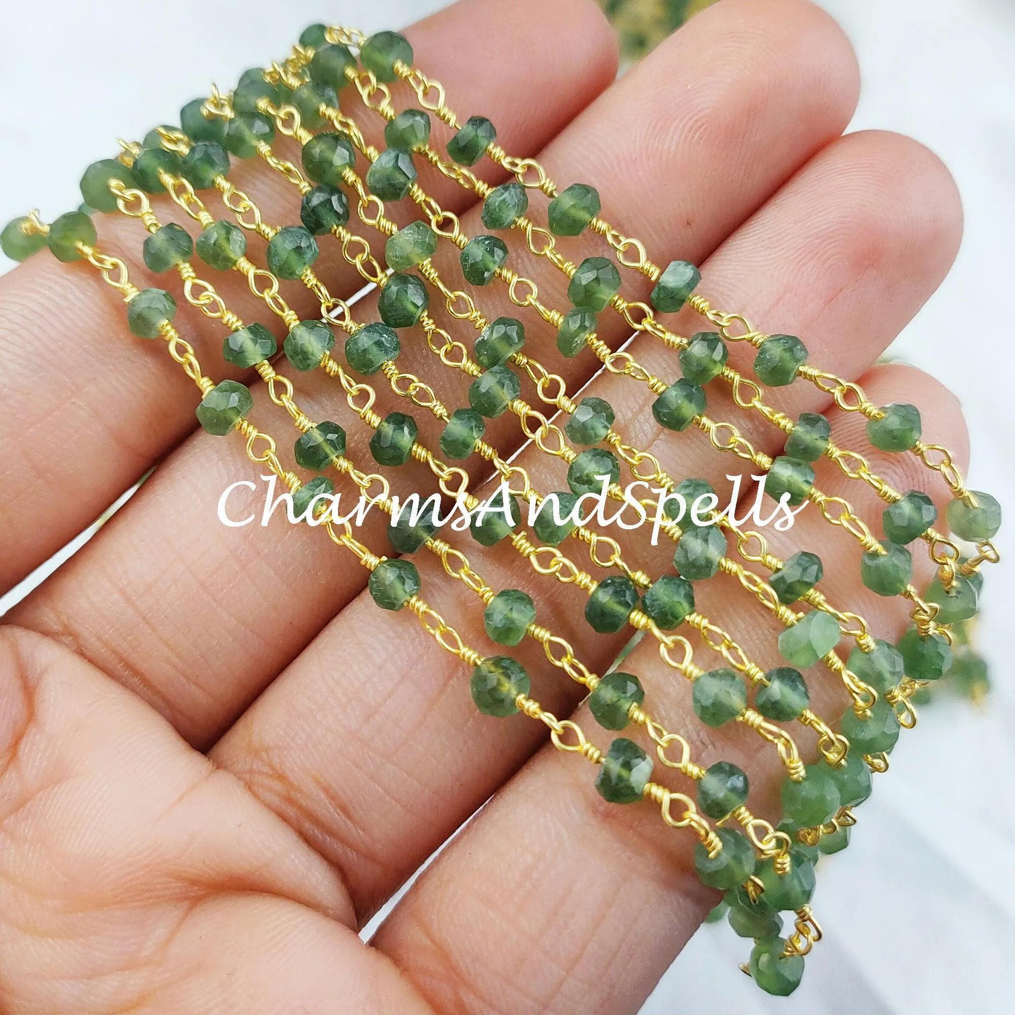 Peridot Rondelle Rosary Chain, Rondelle Gemstone Beads, Green Beaded Chain, Gold Plated Chain, DIY Necklace Chain
