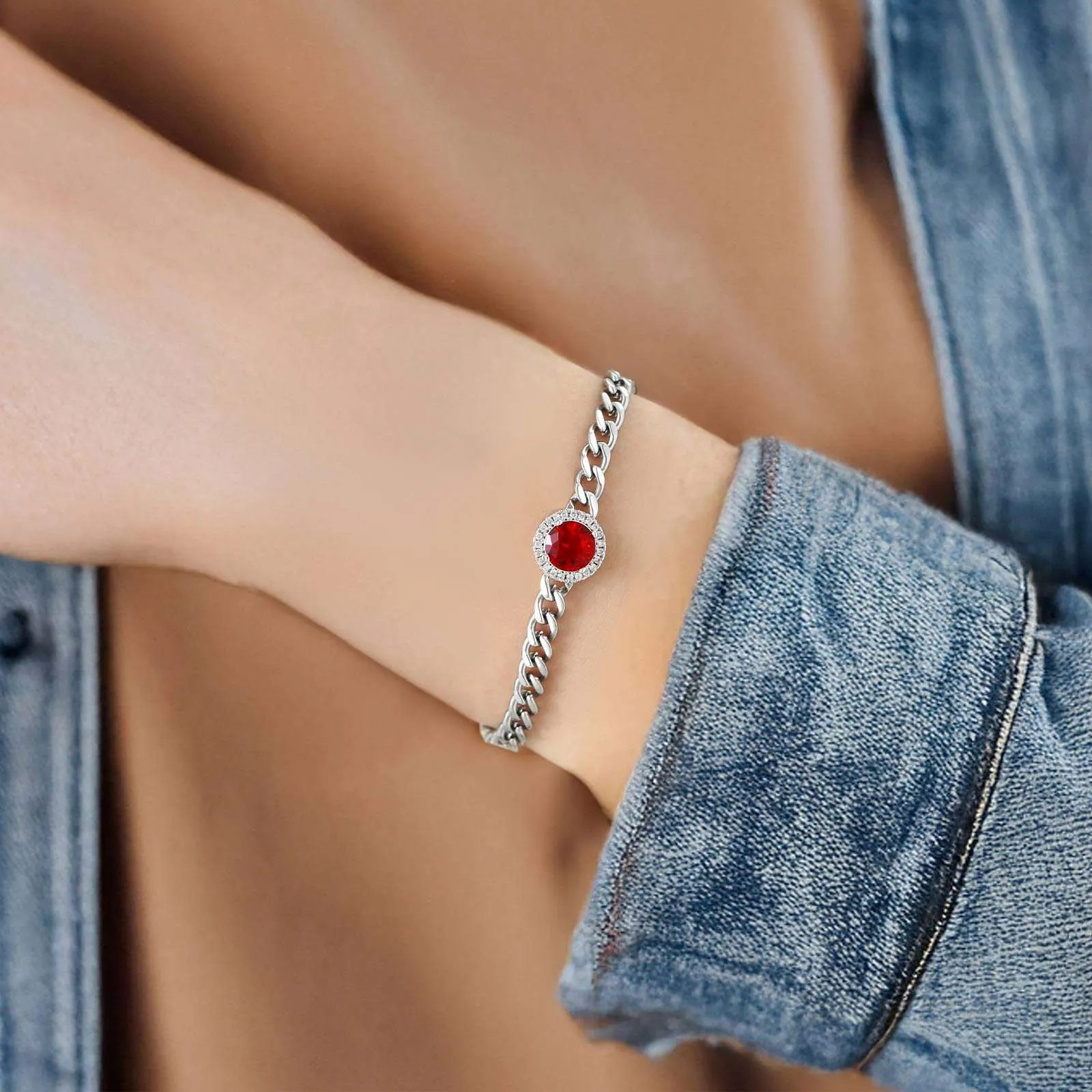 Personalized Halo Birthstone Cuban Link Bracelet