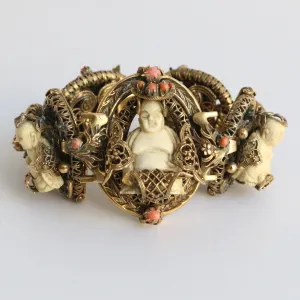 "Trikaya" Vintage 1920's Filigree Brass & Coral Trikaya Buddha Bracelet