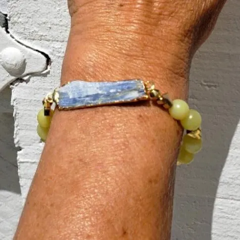 Raw Blue Kyanite Stretch Bracelet with Gold Heart Spacers & Yellow Peridot-Handmade Bracelet