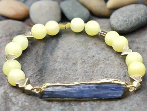 Raw Blue Kyanite Stretch Bracelet with Gold Heart Spacers & Yellow Peridot-Handmade Bracelet
