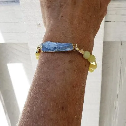 Raw Blue Kyanite Stretch Bracelet with Gold Heart Spacers & Yellow Peridot-Handmade Bracelet