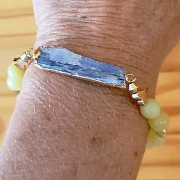 Raw Blue Kyanite Stretch Bracelet with Gold Heart Spacers & Yellow Peridot-Handmade Bracelet