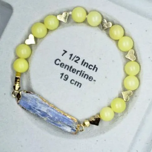 Raw Blue Kyanite Stretch Bracelet with Gold Heart Spacers & Yellow Peridot-Handmade Bracelet