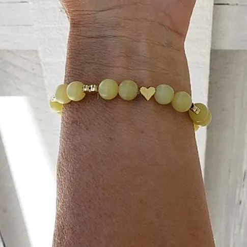Raw Blue Kyanite Stretch Bracelet with Gold Heart Spacers & Yellow Peridot-Handmade Bracelet