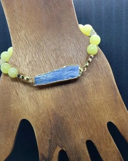 Raw Blue Kyanite Stretch Bracelet with Gold Heart Spacers & Yellow Peridot-Handmade Bracelet