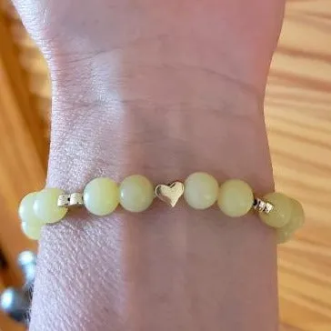Raw Blue Kyanite Stretch Bracelet with Gold Heart Spacers & Yellow Peridot-Handmade Bracelet