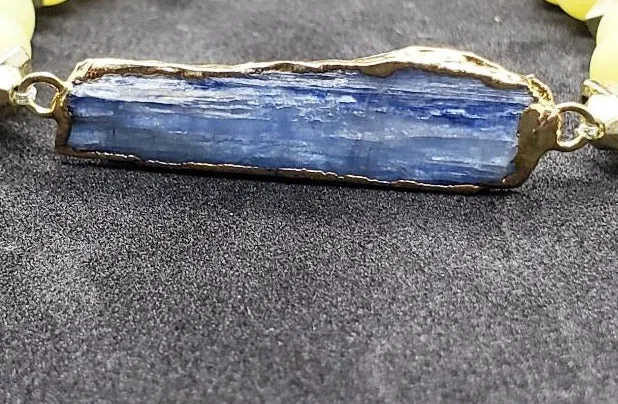 Raw Blue Kyanite Stretch Bracelet with Gold Heart Spacers & Yellow Peridot-Handmade Bracelet